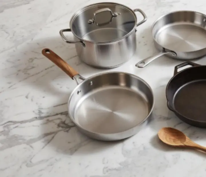Flatlay premium garnków, patelni i naczyń żaroodpornych w skandynawskiej kuchni